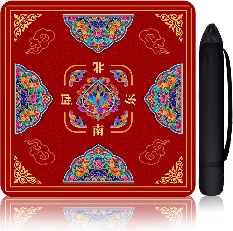 HEIFAM حصيرة ماجونغ للطاولة، حصيرة طاولة ماجونغ زهور حمراء 31x 31 بوصة، حصيرة ماجونغ مضادة للانزلاق مع تقليل الضوضاء مع حقيبة حمل، غطاء طاولة للماجونغ وبطاقات البوكر والدومينو، هدية عيد الميلاد أو عيد الميلاد - Image 1